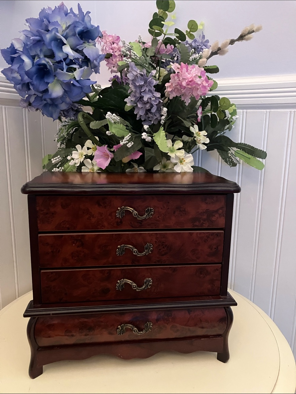 Classic Wood Jewelry Chest in Rich Brown Flip Up Top Mirror & 3 Drawers